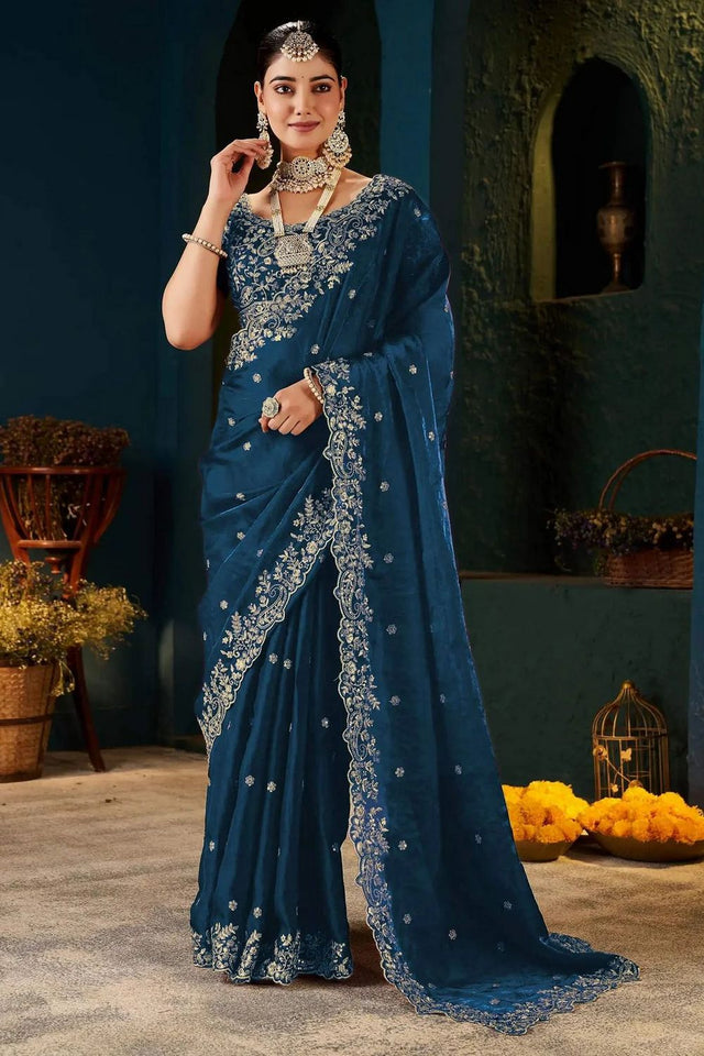 Blue Satin Embroidered Saree (ACA8663)