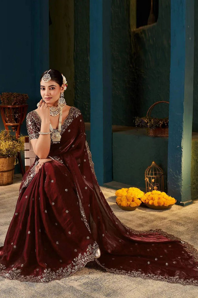 Maroon Satin Embroidered Saree (ACA8664)
