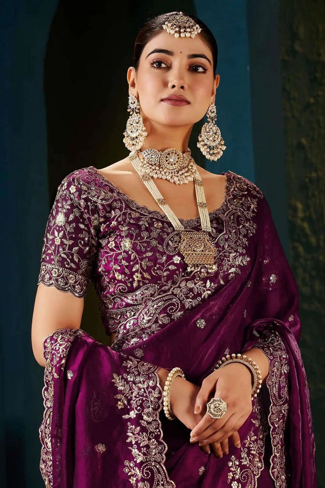 Wine Satin Embroidered Saree (ACA8666)