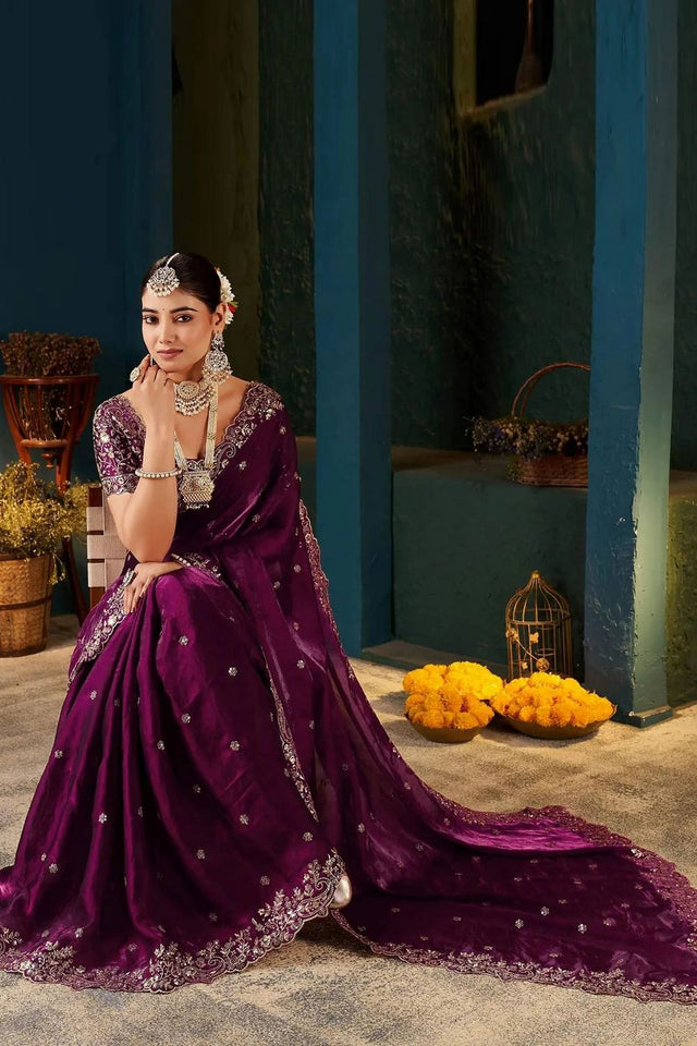 Wine Satin Embroidered Saree (ACA8666)