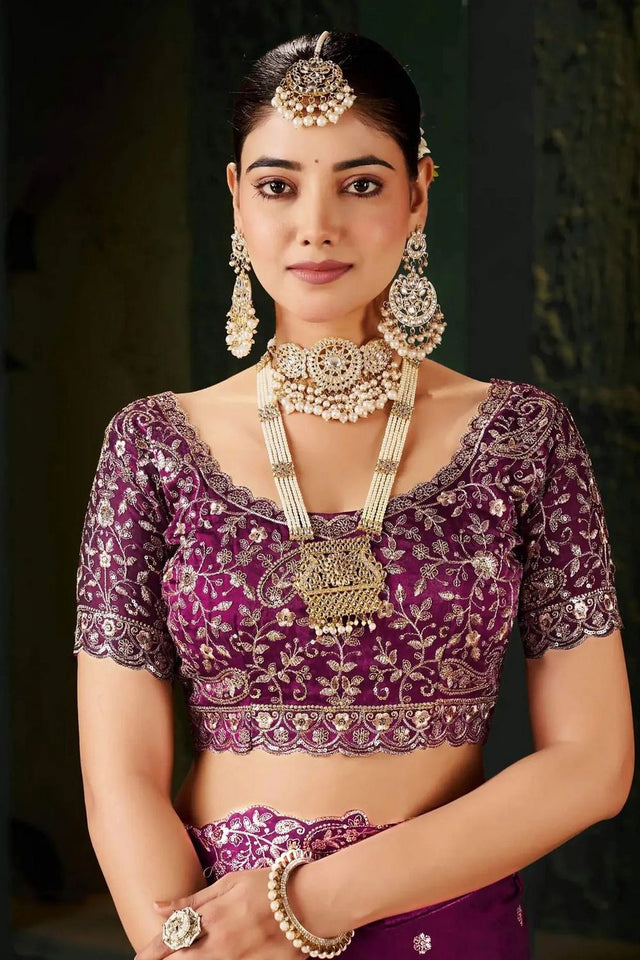 Wine Satin Embroidered Saree (ACA8666)