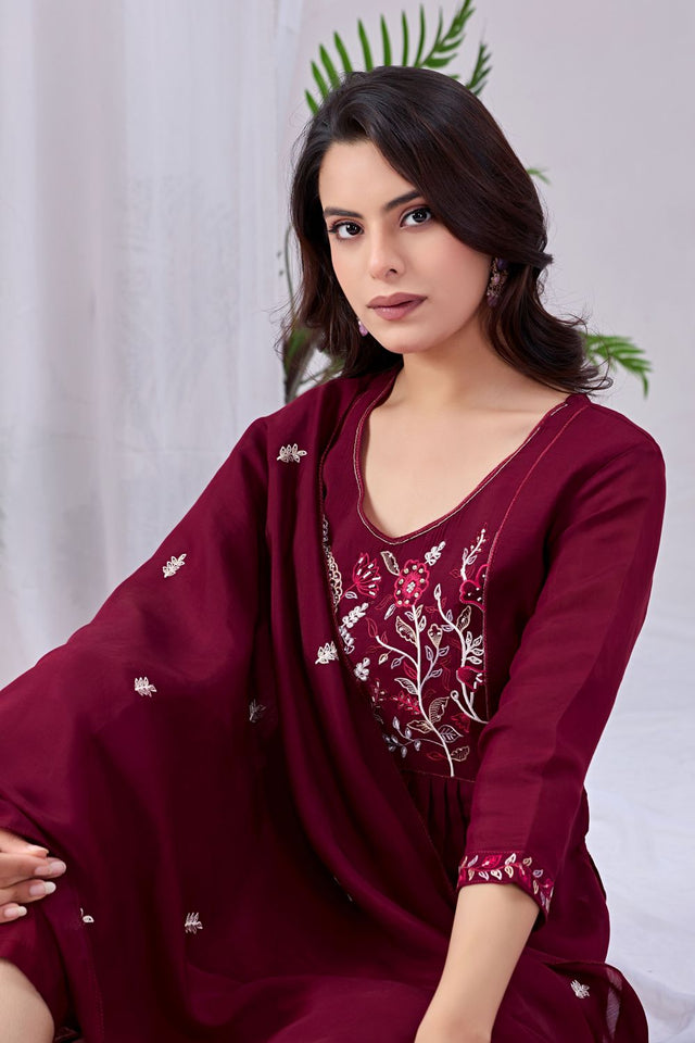 Maroon Floral Embroidered Cotton Kurti Pant Set (ACA8667)