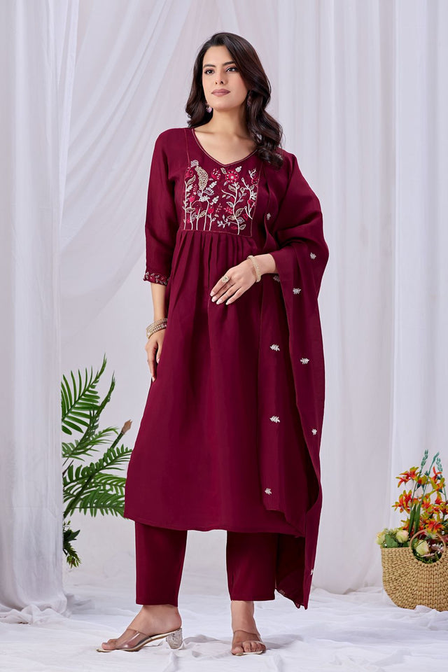 Maroon Floral Embroidered Cotton Kurti Pant Set (ACA8667)