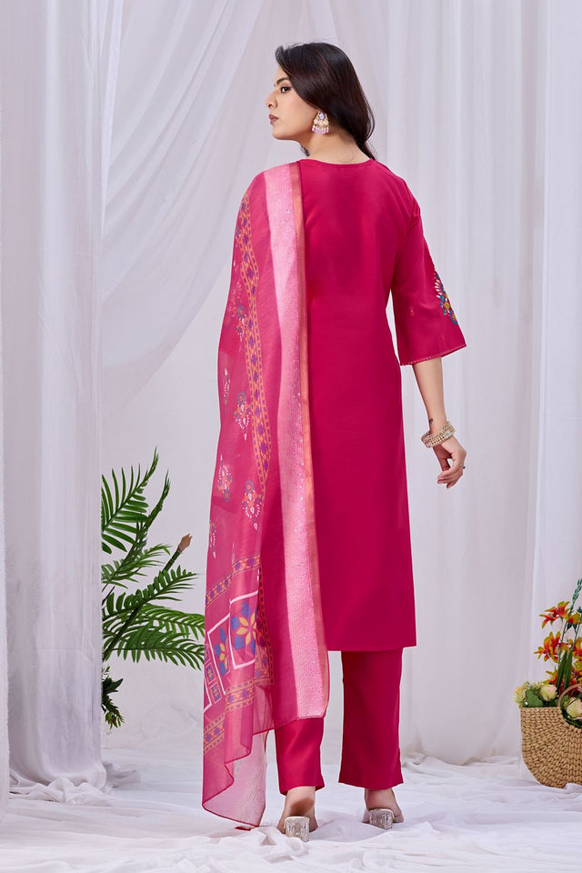 Pink Floral Embroidered Silk Kurti Pant Set (ACA8669)