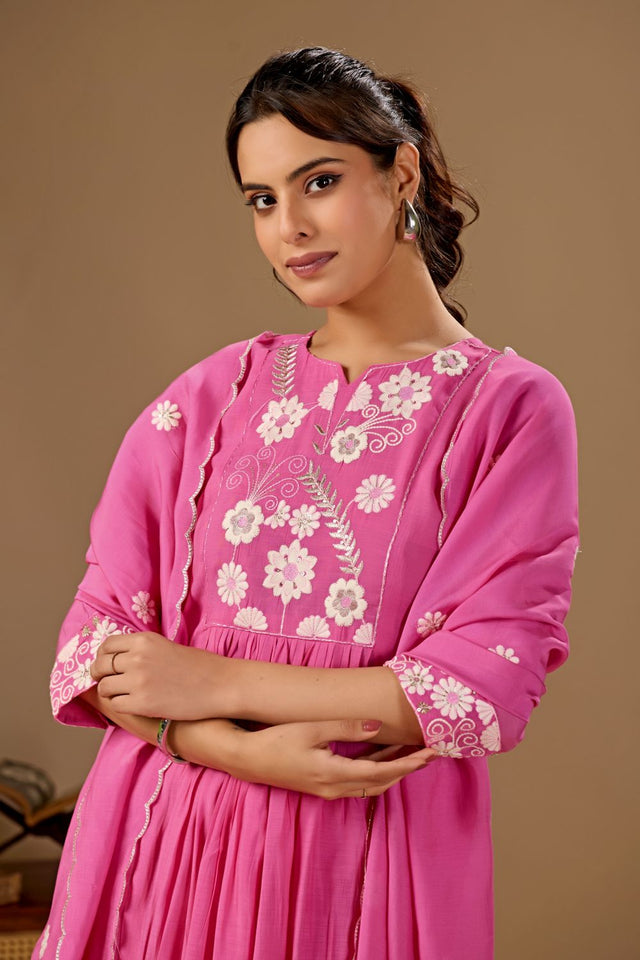 Pink Floral Embroidered Cotton Anarkali Suit (ACA8671)