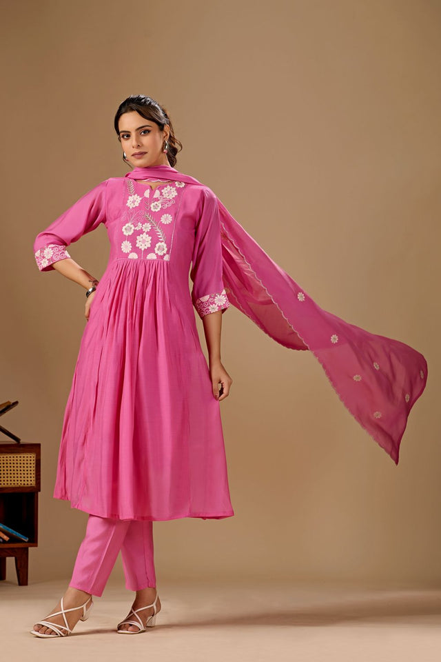 Pink Floral Embroidered Cotton Anarkali Suit (ACA8671)
