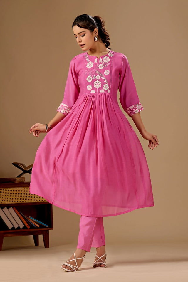 Pink Floral Embroidered Cotton Anarkali Suit (ACA8671)