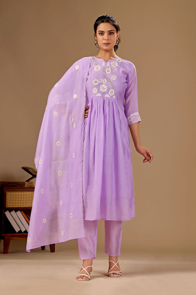 Lavender Floral Embroidered Cotton Anarkali Suit (ACA8672)