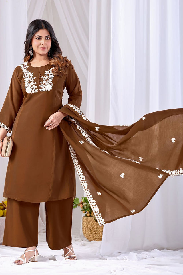Brown Floral Embroidered Cotton Straight Cut Suit (ACA8673)