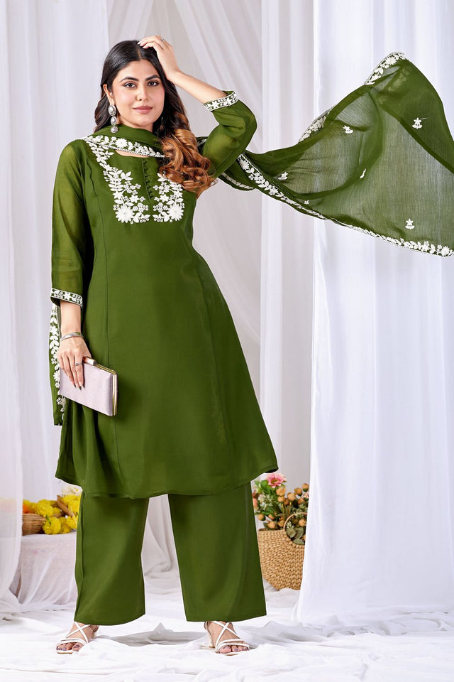 Mehendi Floral Embroidered Cotton Straight Cut Suit (ACA8674)