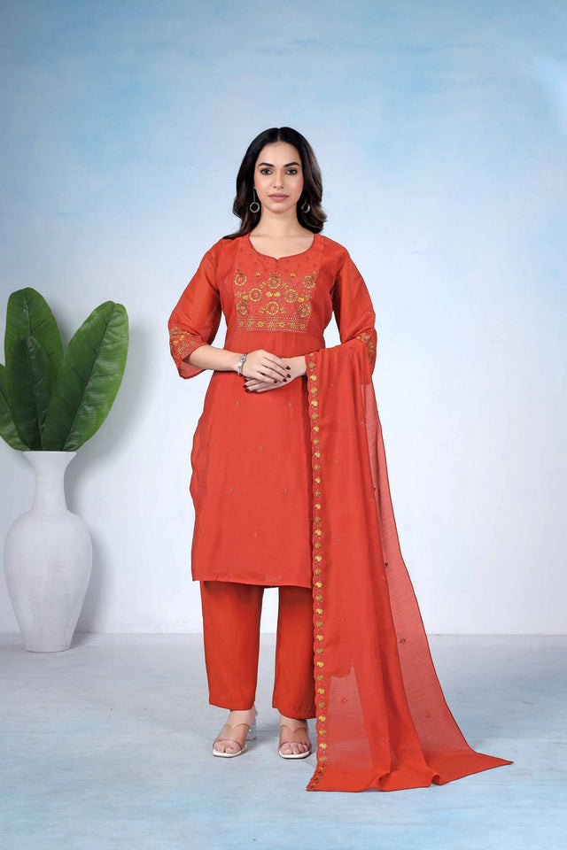 Rust Floral Embroidered Cotton Kurti Pant Set (ACA8675)