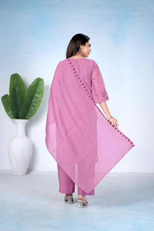 Purple Floral Embroidered Cotton Kurti Pant Set (ACA8676)