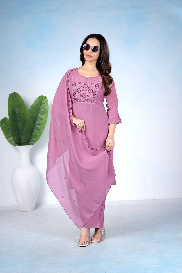 Purple Floral Embroidered Cotton Kurti Pant Set (ACA8676)