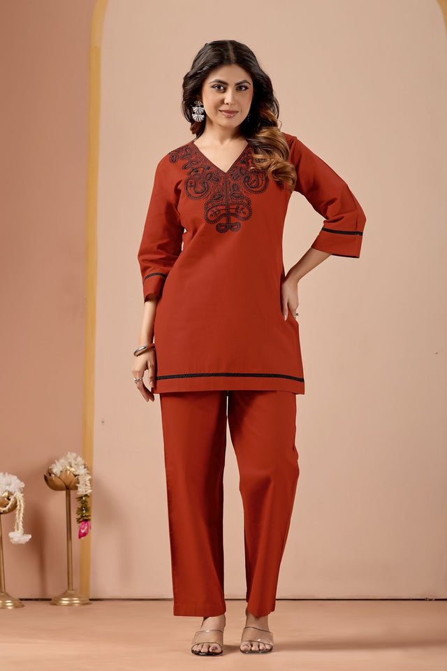 Rust Embroidered Cotton Co-Ord Set (ACA8688)