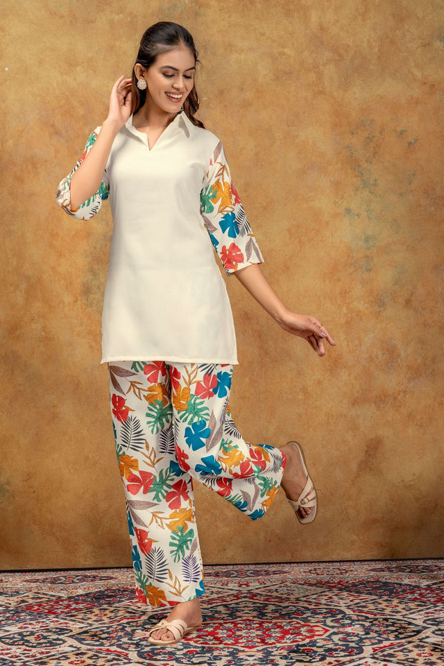 Off-White Floral Printed Cotton Co-Ord Set (ACA8689)