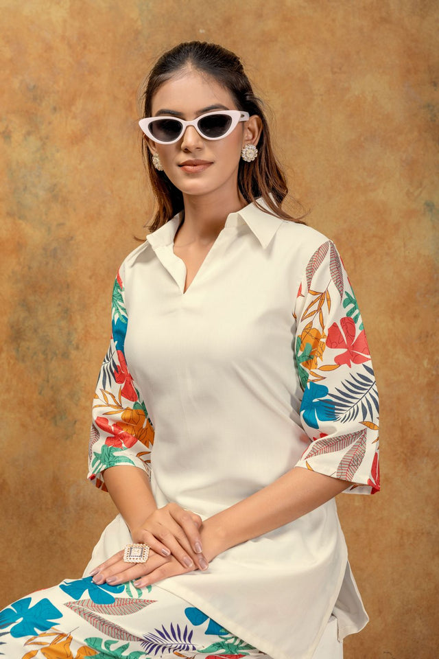 Off-White Floral Printed Cotton Co-Ord Set (ACA8689)