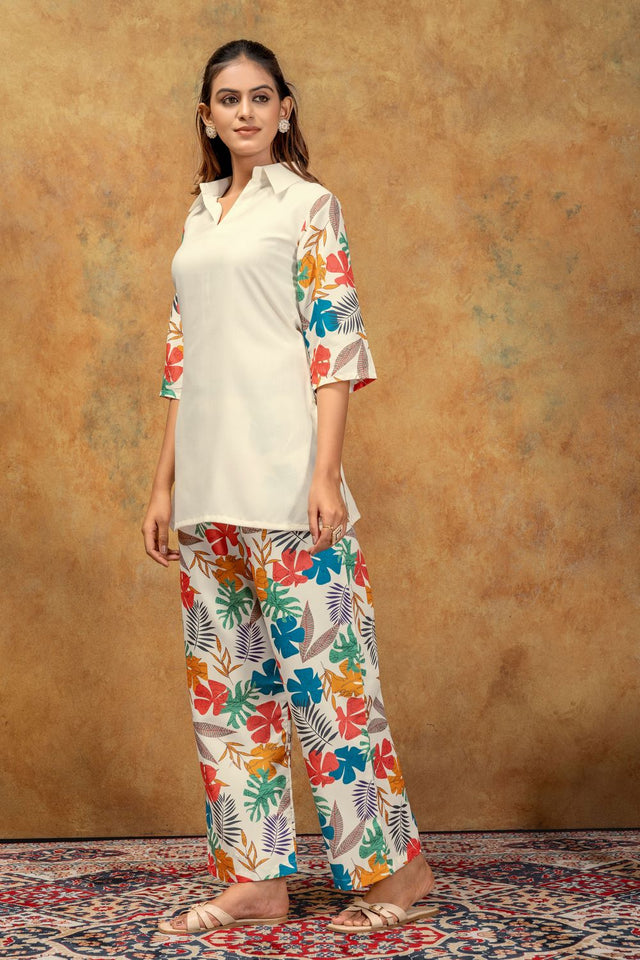 Off-White Floral Printed Cotton Co-Ord Set (ACA8689)