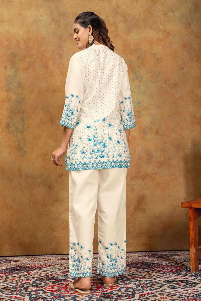 Turquoise Floral Printed Cotton Co-Ord Set (ACA8690)