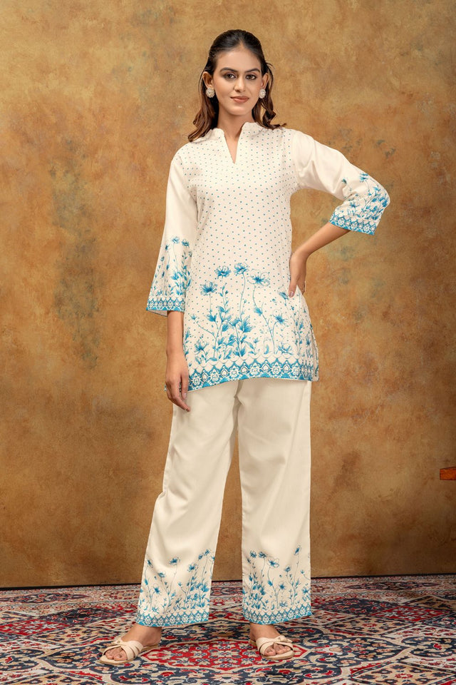 Turquoise Floral Printed Cotton Co-Ord Set (ACA8690)