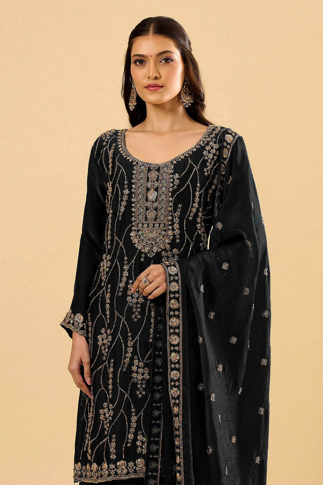 Black Sequin Silk Palazzo Suit (ACA8693)