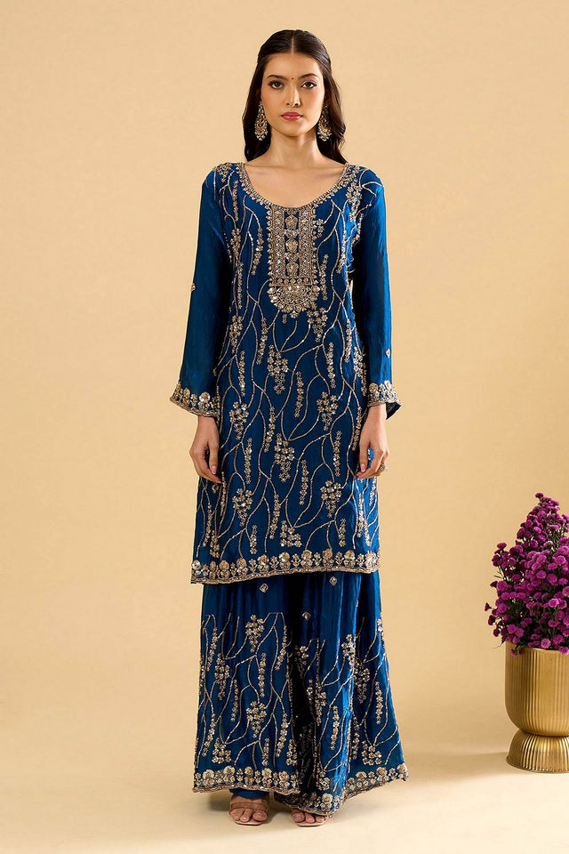 Blue Sequin Silk Palazzo Suit (ACA8694)