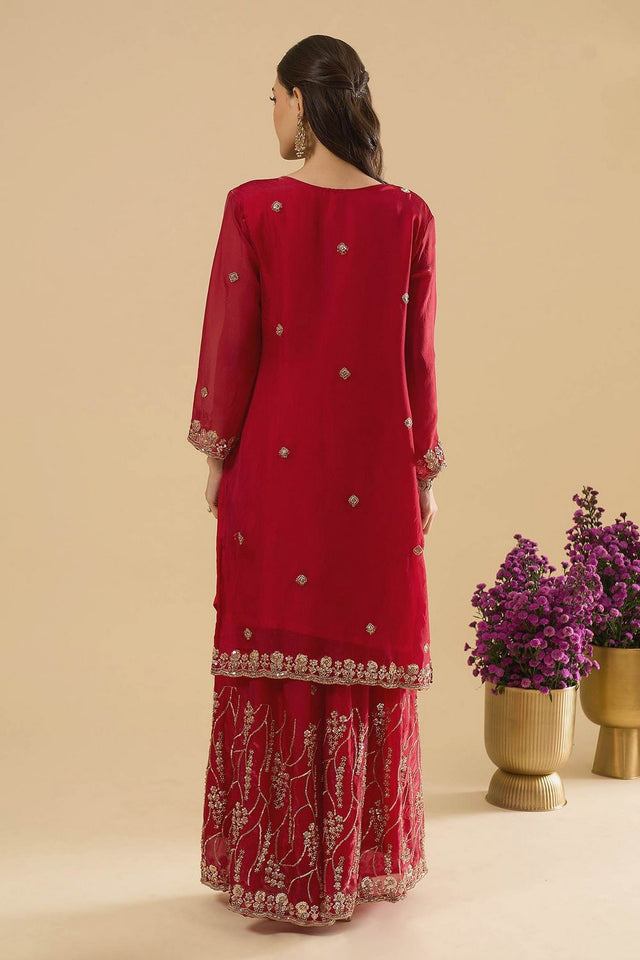 Maroon Sequin Silk Palazzo Suit (ACA8695)