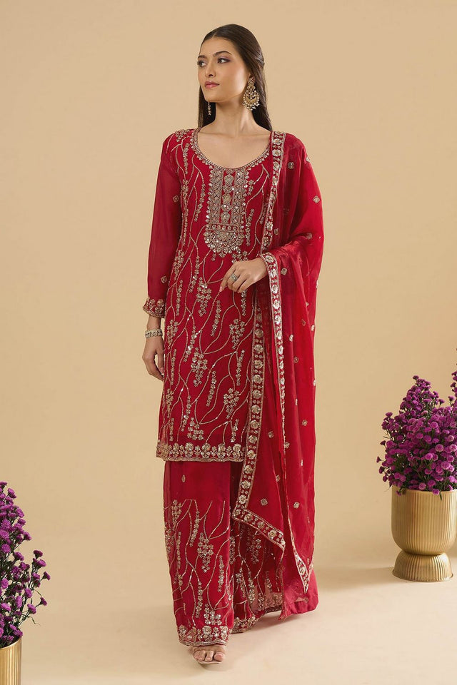 Maroon Sequin Silk Palazzo Suit (ACA8695)