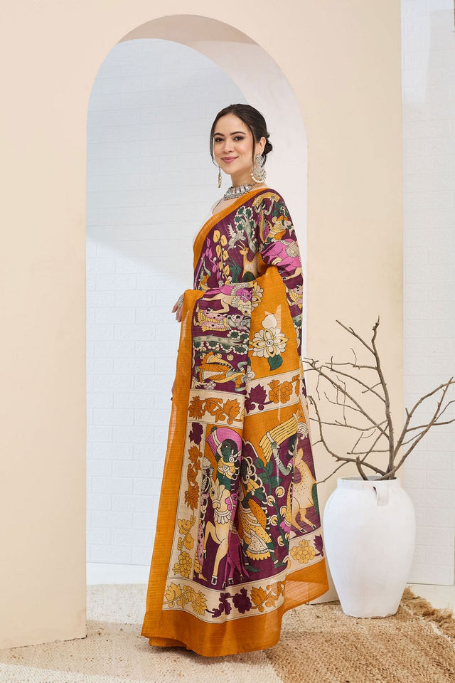 Orange Printed Silk Blend Ready to Wear Saree (ACA8696)