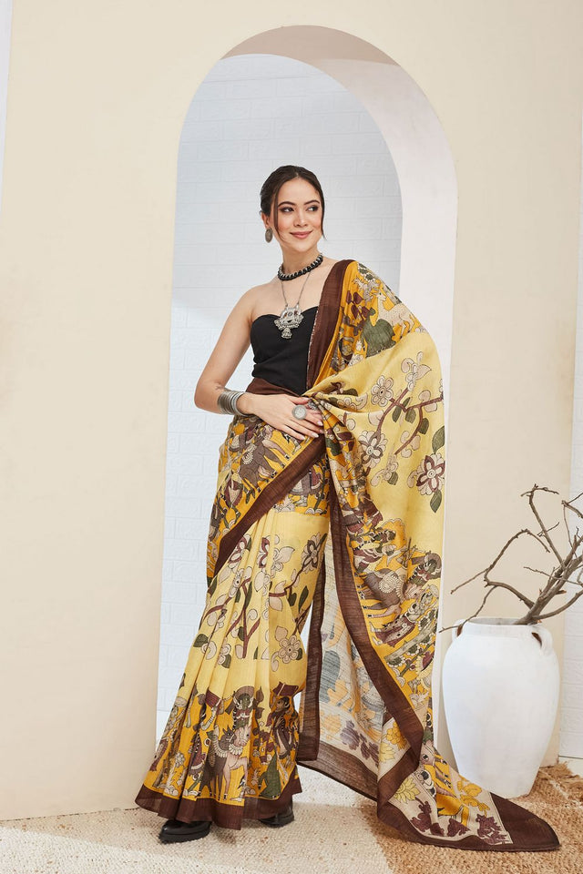 Brown Printed Silk Blend Ready to Wear Saree (ACA8698)