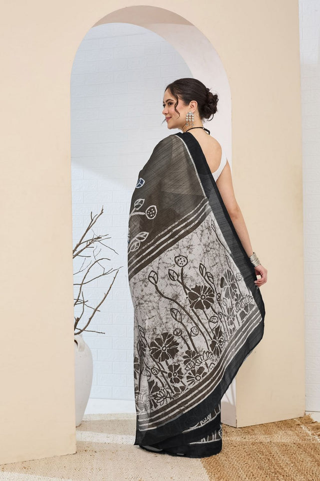 Black Printed Silk Blend Ready to Wear Saree (ACA8701)
