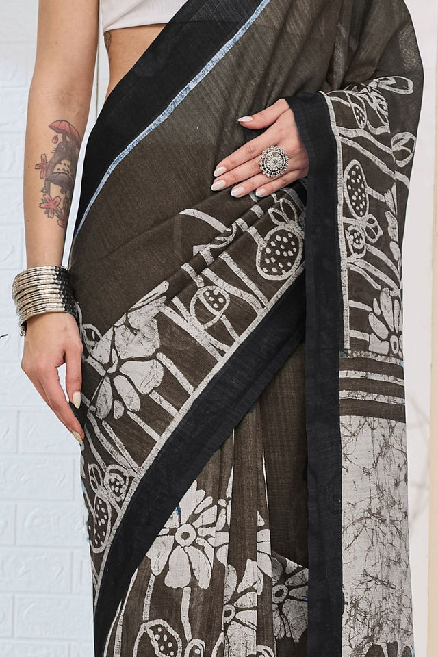 Black Printed Silk Blend Ready to Wear Saree (ACA8701)