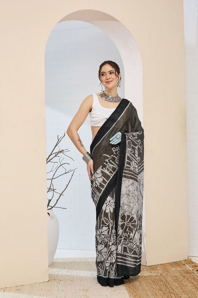 Black Printed Silk Blend Ready to Wear Saree (ACA8701)