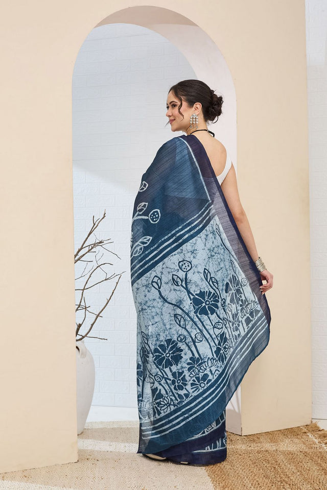 Blue Printed Silk Blend Ready to Wear Saree (ACA8702)