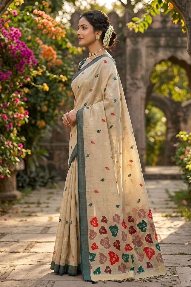 Beige Woven Linen Saree (ACA8709)