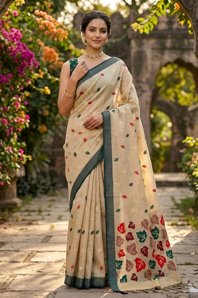 Beige Woven Linen Saree (ACA8709)
