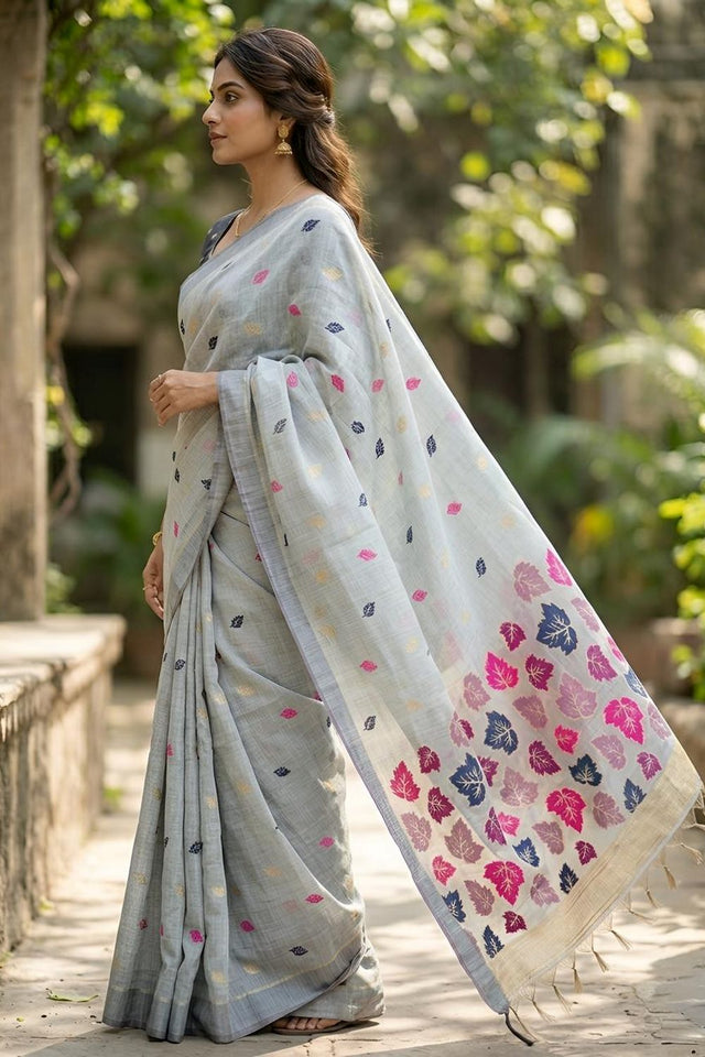 Grey Woven Linen Saree (ACA8710)