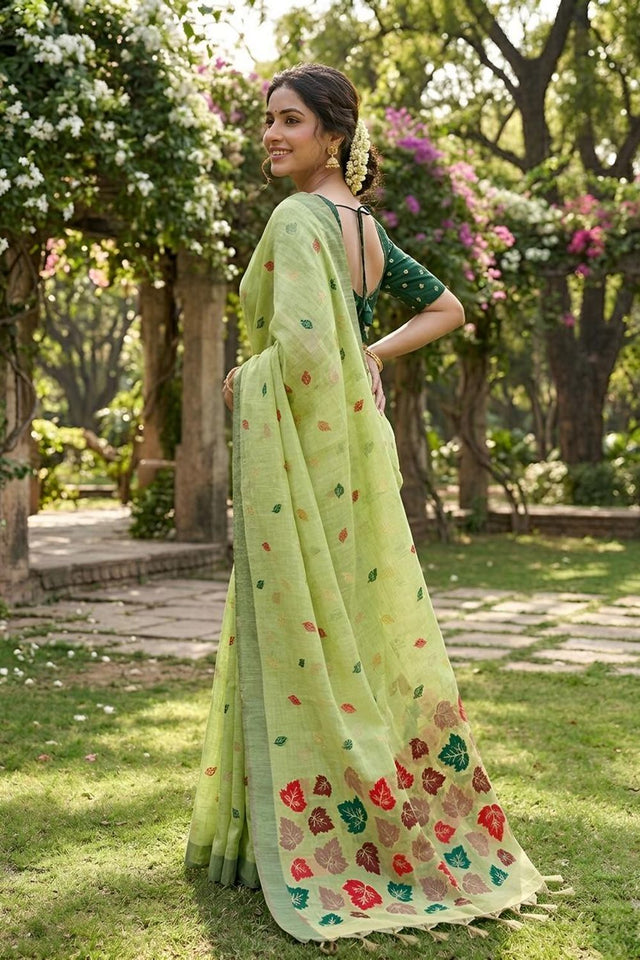 Green Woven Linen Saree (ACA8711)