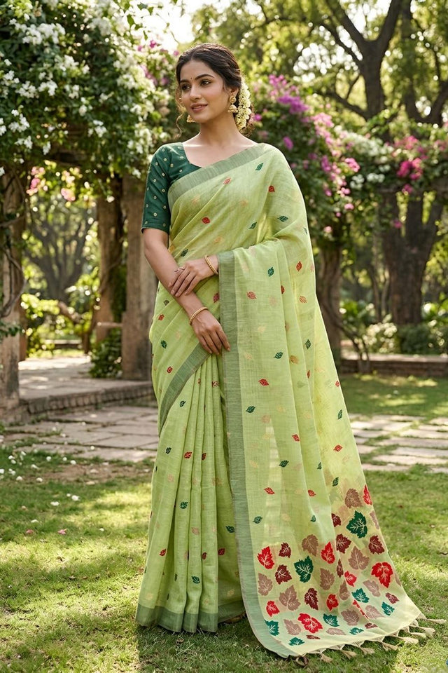 Green Woven Linen Saree (ACA8711)