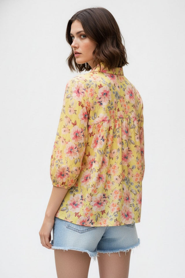 Yellow Floral Printed Crepe Top (ACA8716)