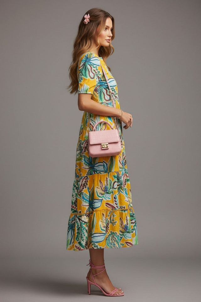 Yellow Printed Rayon Dresses (ACA8726)