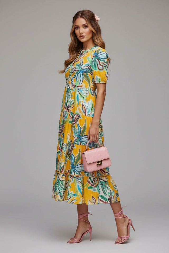 Yellow Printed Rayon Dresses (ACA8726)