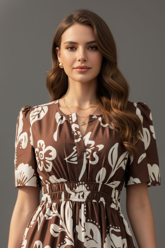 Brown Floral Printed Muslin Dresses (ACA8729)