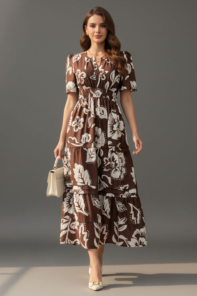 Brown Floral Printed Muslin Dresses (ACA8729)