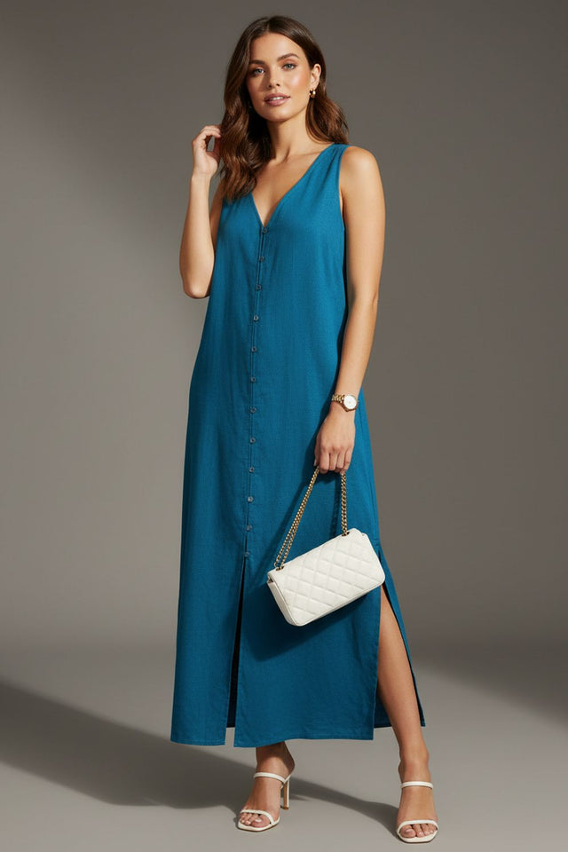 Turquoise Solid Rayon Dresses (ACA8732)
