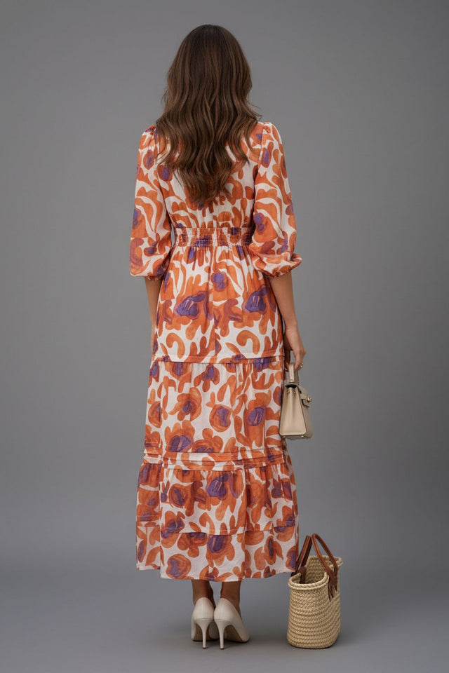 Orange Floral Printed Muslin Dresses (ACA8733)