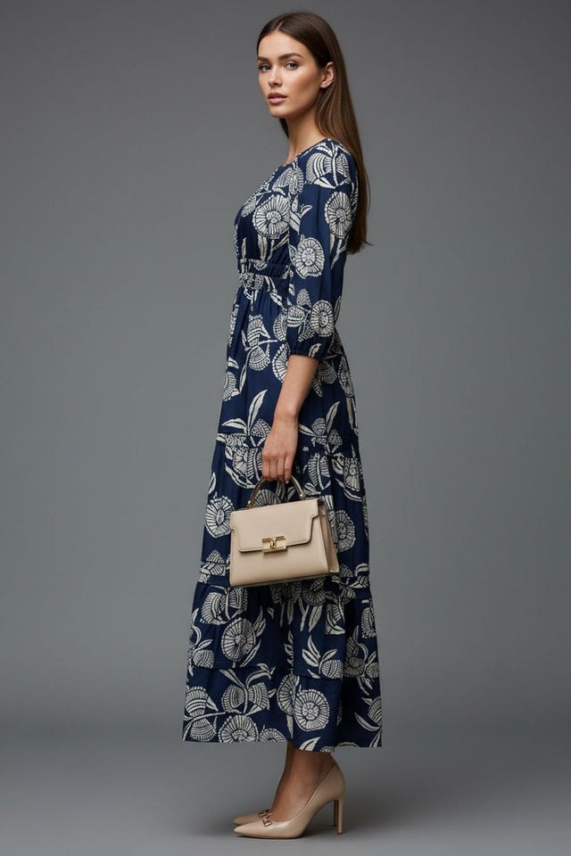 Navy-Blue Floral Printed Muslin Dresses (ACA8734)