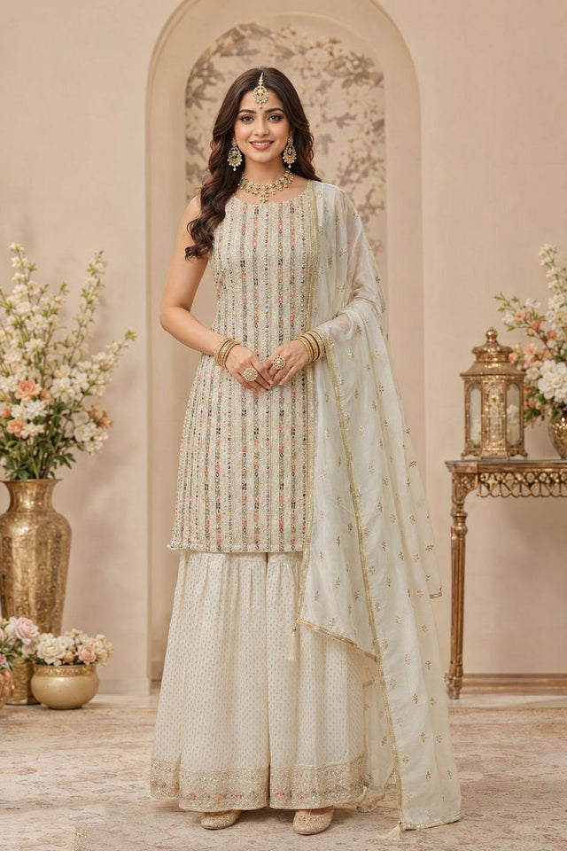 Off White Embroidered Georgette Sharara Suit (ACA8745)