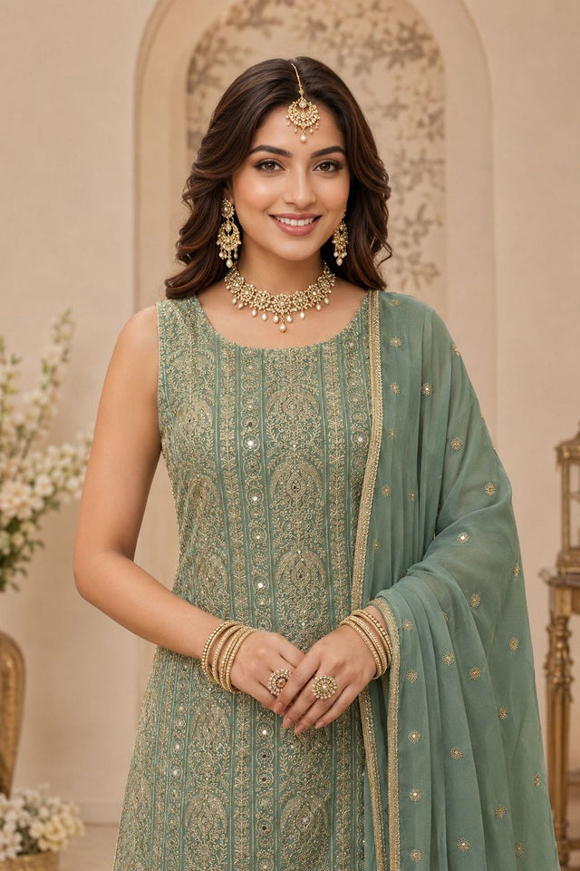 Green Embroidered with Mirror Work Georgette Sharara Suit (ACA8747)