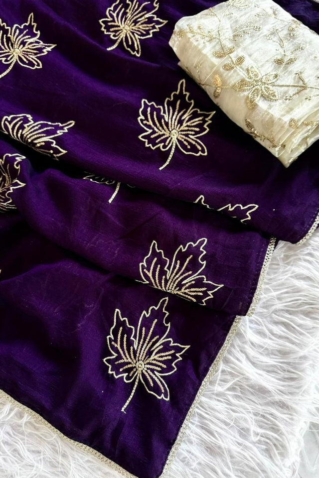 Purple Embroidered Silk Saree (ACA8749)