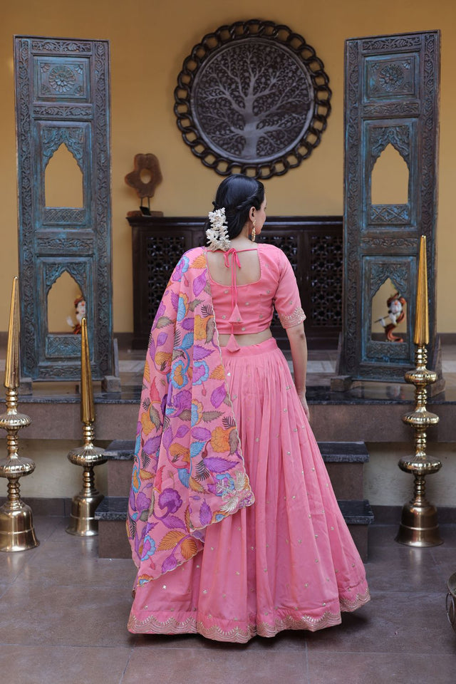 Peach Embroidered Silk Lehenga (ACA8751)